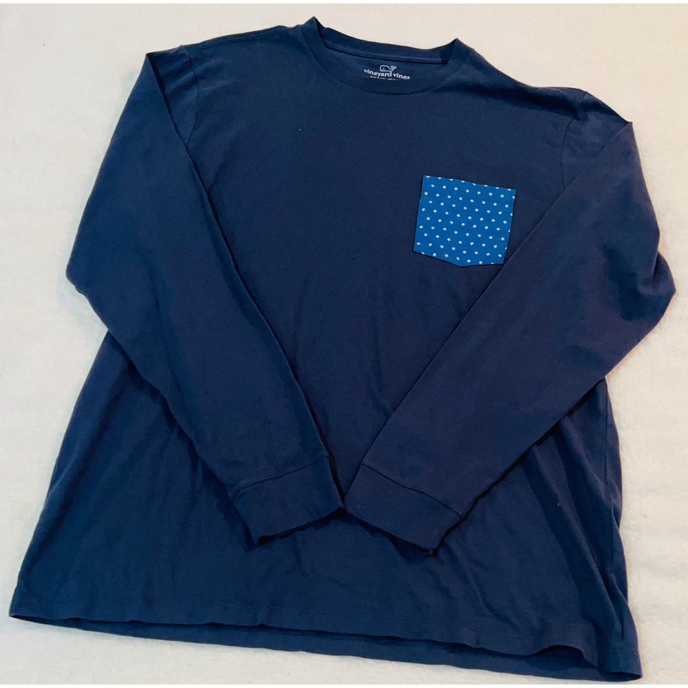 Vineyard Vines Mens Long Sleeve Pocket T-Shirt Navy Blue Stars Logo Large